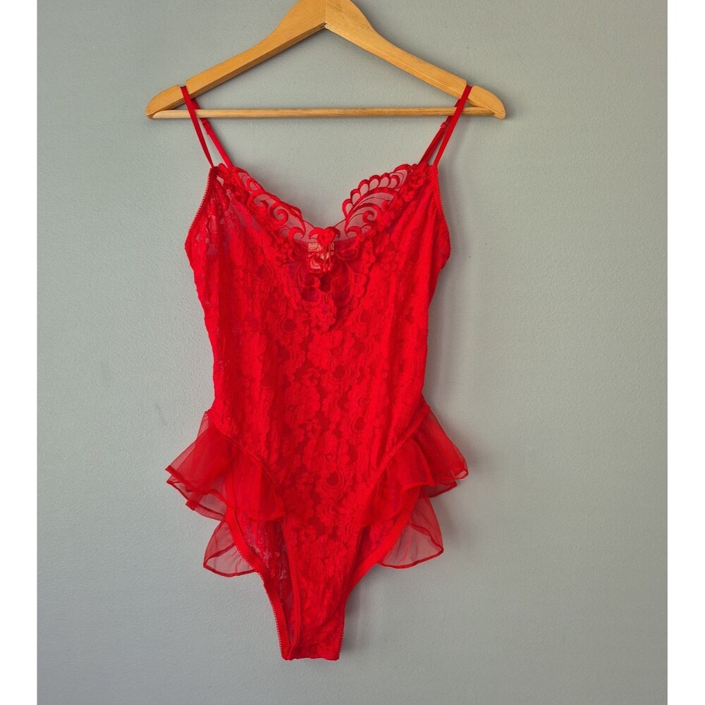 Intimate Style VTG Red Sheer Nylon Beaded Embroidered Teddy Bodysuit Womens LRG